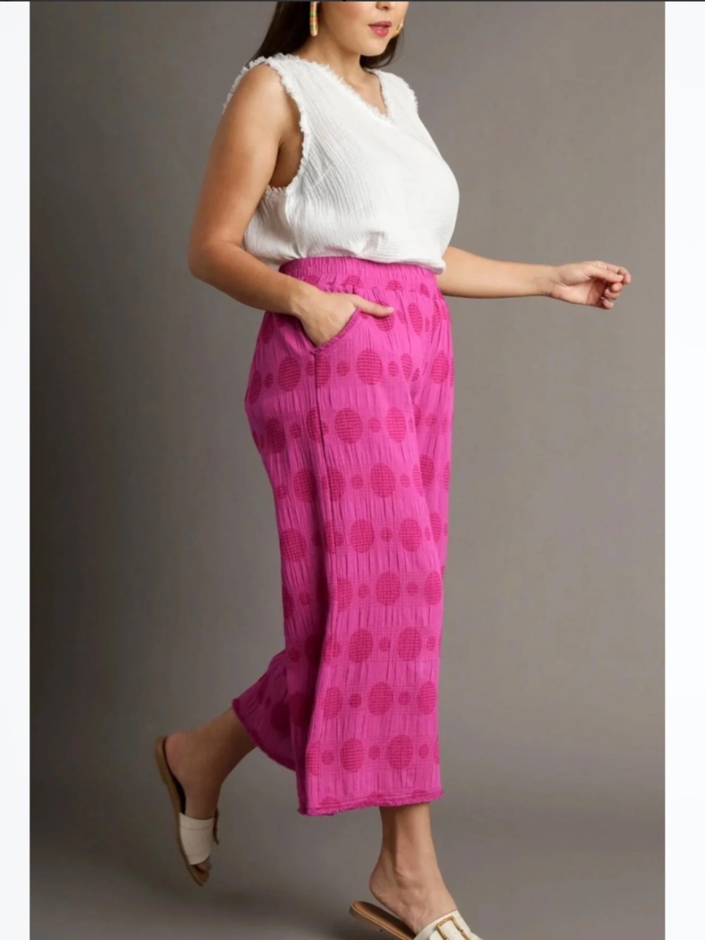 Umgee Fuchsia Wide‑Leg Polka Dot Textured Casual Boho Cropped Pants Cotton Blend